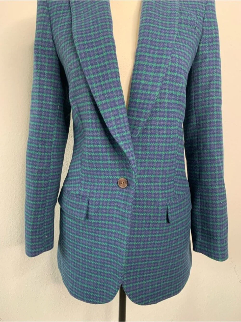 J. Crew Blue & Green Herringbone One Button Blazer
